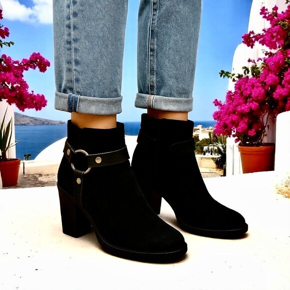 ASH Ankle Boot Heeled Boot Moto Harness Black Suede Womens 10.5 - Picture 1 of 9